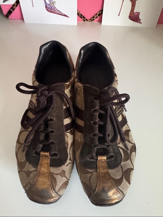 Coach Shoes - Coach Brown Signature Canvas Sneakers with Metallic Bronze Toe